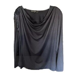Love & Stitch Gray Draped Neck Women’s Blouse Size L Beaded Details